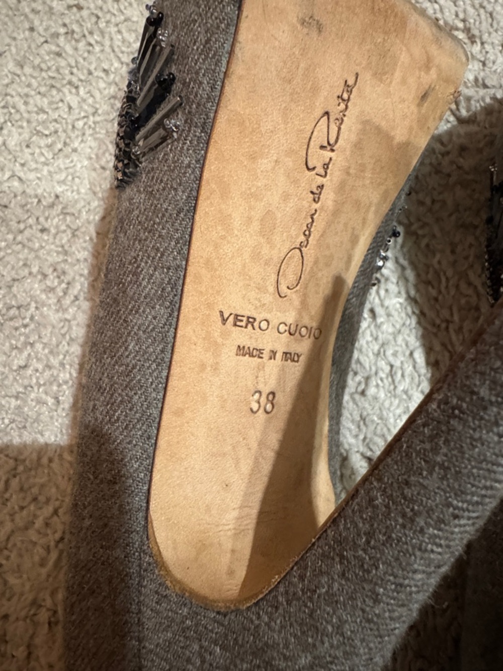 Oscar de la Renta Gray Embellished Peep-Toe Pumps - Picture 9 of 11